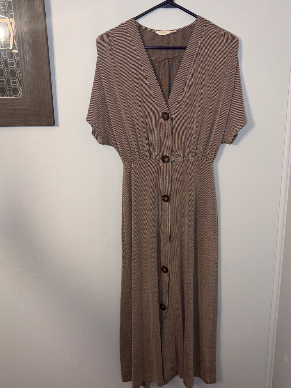 Lush Classic Button-Front Brown Midi Dress Size Small one button missing